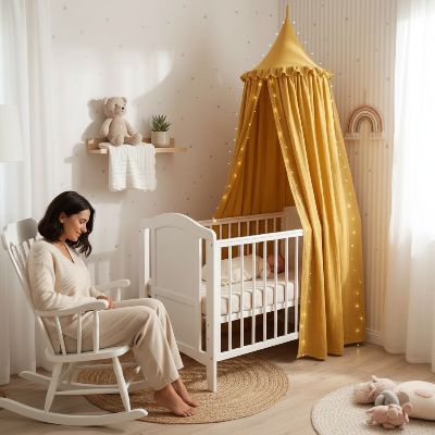 Ciel de lit bébé jaune - maman et bébé, ambiance chaleureuse et apaisant