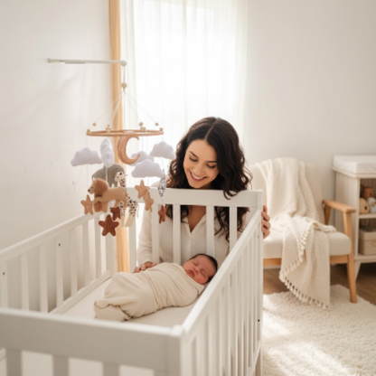 Mobile bébé bois savane - maman souriante, bébé dans lit blanc, décor scandinave