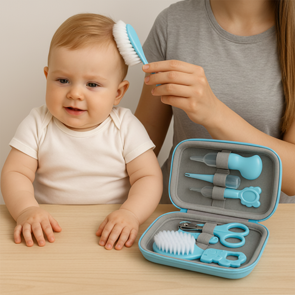 trousse de toilette bebe 8 pieces bleue ouverte outils organises