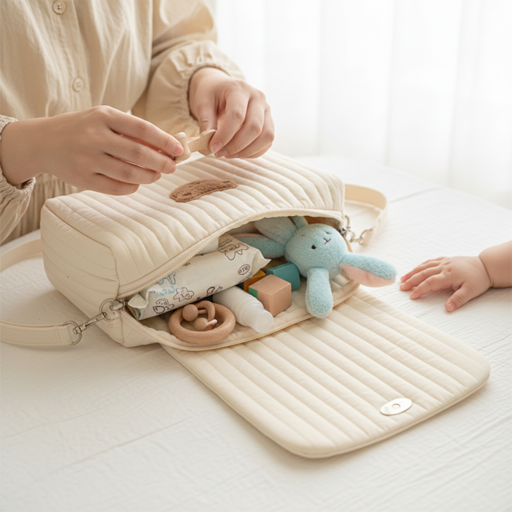 trousse de toilette bebe ours beige ouverte contenu organise